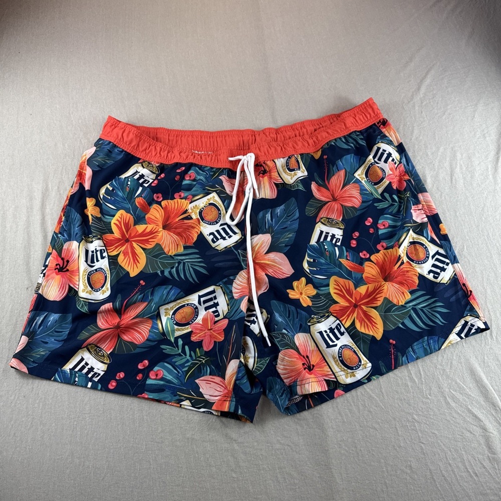 Miller Lite Beer Swim Trunks Mens 3XL Lined Shorts Hawaiian Floral Drawstring
